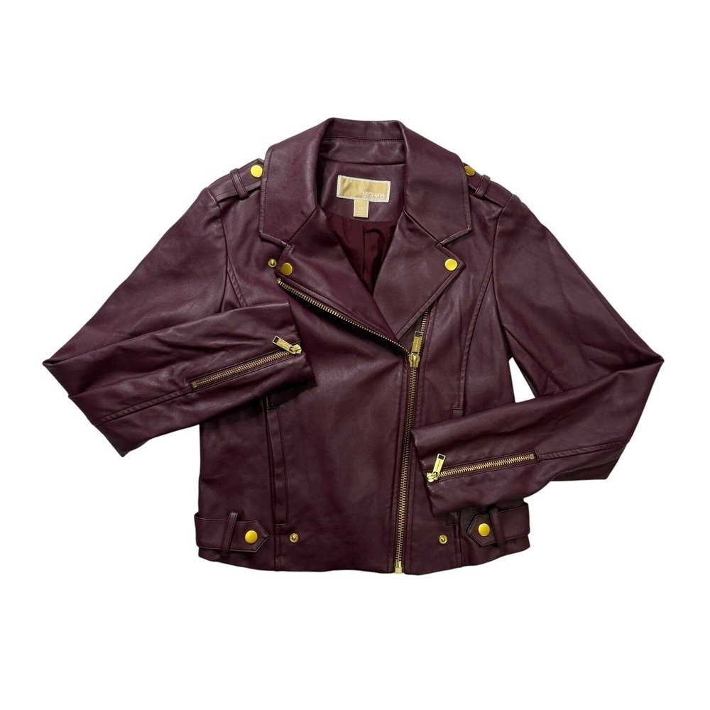 Michael Michael Kors Womens Faux Leather Moto Jacket Plum Burgundy Gold Zip XS